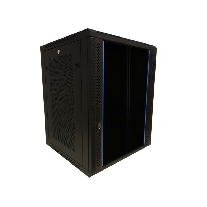 15U vægskab med glaslåge - perforerede sidepaneler 600x600x770mm (BxDxH)