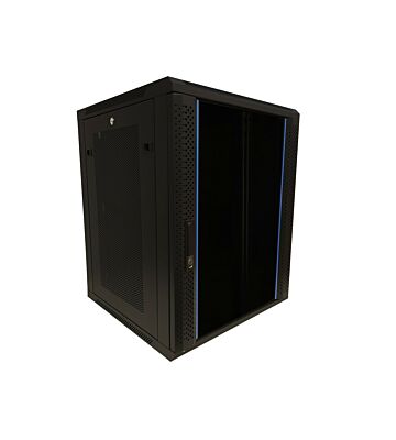 15U vægskab med glaslåge - perforerede sidepaneler 600x600x770mm (BxDxH)