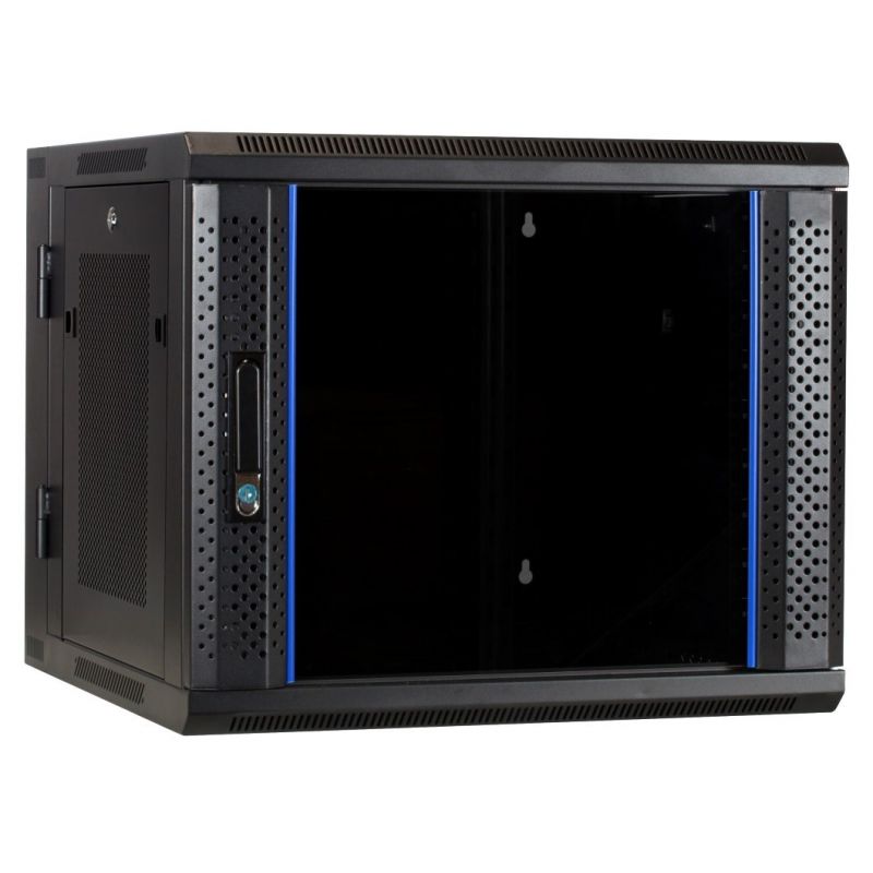 9U vægskab (vipbart) med glaslåge og perforerede sidevægge 600x600x500mm (BxDxH)