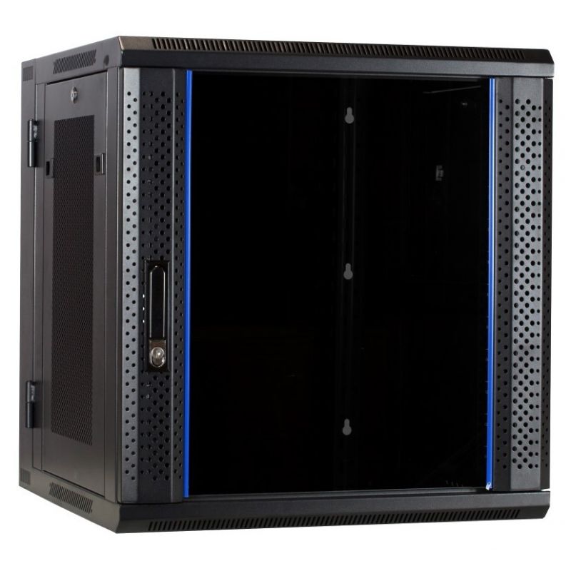 12U vægskab (vipbart) med glaslåger og perforerede sidevægge 600x600x635mm (BxDxH)